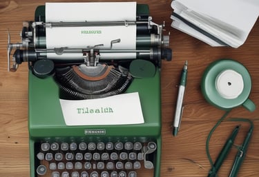 A vintage typewriter with green housing holds a sheet of paper with the word 'TELEHEALTH' typed on it. The scene is set on a wooden surface.