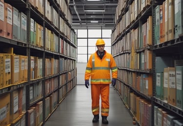 a man in a yellow safety vest and safety gear walking through a large room with lots of files