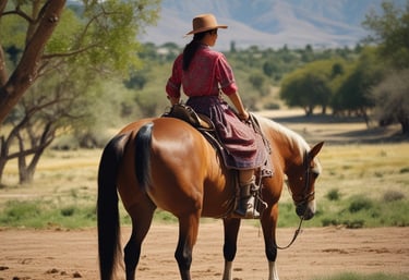 A person wearing a blue polo shirt and black cap is sitting on a brown horse with a white saddle. They are holding the reins and appear to be in an outdoor practice area with another horse and rider in the background. The area is fenced and there are several infrastructure elements and buildings visible in the distance.
