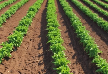 A person is tending to a garden, spreading organic material onto the soil between rows of young plants. The setting is a well-organized farm with various types of plants growing in parallel rows. A wheelbarrow filled with similar organic material is visible nearby.