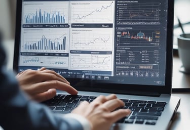 Hands typing on a laptop keyboard with a screen displaying financial graphs and stock market data. Multiple charts and numbers are visible, indicating financial analysis.