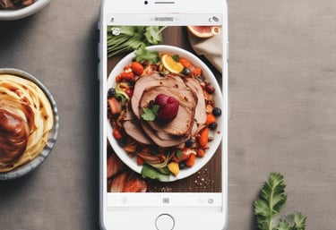 Large white letters spelling 'FOOD' are prominently displayed atop a building against a clear blue sky. The building facade features multiple rectangular windows with a modern design.
