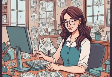 A person is typing on a silver laptop with a screen displaying text about designing digital solutions for big customers. Nearby, there is a black smartphone and white earphones placed on the desk. The person's sleeves are light blue, suggesting a casual attire.