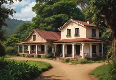 A rustic stone house with a tiled roof is set amidst a green garden. The architecture features wooden beams and weathered stone walls, surrounded by lush trees and grass. A wooden barrel and small shrubs accentuate the peaceful, natural environment.