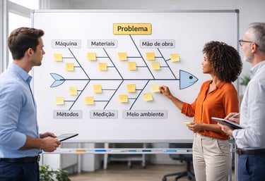 Diagrama de Ishikawa espinha de peixe usado para identificar causas de problemas em processos