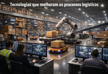 Armazém inteligente com robôs e equipe monitorando processos logísticos em tempo real.