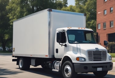 An orange Isuzu truck with a large container on its back is driving on a highway. The truck has signage indicating 'K.B Logistics' and contains decorative elements on the front. The container is mostly blue with white text and appears to be used for transporting goods. The highway is surrounded by greenery, with trees and bushes visible in the background. It's a bright day with clear visibility.