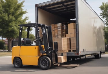 A black truck parked in an industrial area is loaded with large metal cabinets and a roll of white material. The truck's bed is wooden and surrounded by various parked vehicles in a warehouse environment.