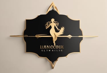 A logo sign attached to the wooden exterior of a building, featuring a stylized design in light and dark colors. Below the logo, text appears in a bold font. The background includes part of the building's facade and a view of street elements such as power lines and a street lamp, under a blue-tinged sky.