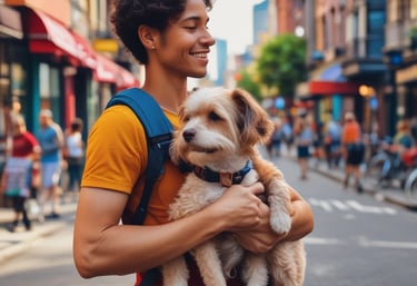 A person carrying a dog on their back, walking alongside a wall with dark stone patterns. There is visible graffiti and a sign on the wall indicating photocopying services and form-filling.