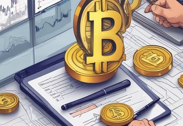 A shiny gold coin featuring the Bitcoin logo is placed next to a colorful, geometric crystal. The background includes branding elements with the Binance logo and the word 'executium'. A faint chart is visible in the background, indicating a financial or trading context.