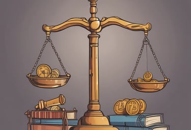 A wooden table holds a laptop displaying a cryptocurrency price chart, two cups of coffee, a smartphone, and a magazine with coins on top. A person is interacting with a smartphone on the right side.