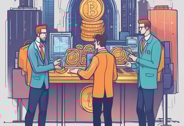 A wooden table holds a laptop displaying a cryptocurrency price chart, two cups of coffee, a smartphone, and a magazine with coins on top. A person is interacting with a smartphone on the right side.