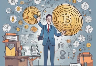A wooden table holds a laptop displaying a cryptocurrency price chart, two cups of coffee, a smartphone, and a magazine with coins on top. A person is interacting with a smartphone on the right side.