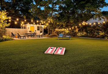 Gather on the large, fenced lawn with string lights, picnic table, and yard games—perfect for grill