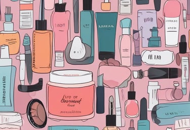 A collection of beauty and skincare products is arranged on a surface, including bottles of oils and serums, cosmetics like lipstick and blush, makeup brushes in a holder, and a lit black candle adding ambiance. The setup is accompanied by cotton swabs, emphasizing a self-care or beauty routine theme.