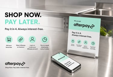 Afterpay payment options for interest-free installments on stainless steel kitchen equipment.