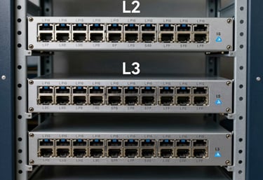 Stacked L2/L3 switches and routers with clean cables in a neat server room.