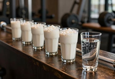 A high-end recovery bar featuring protein shakes and fresh water in bone white glasses, sitting on a deep bronze countertop in a gym lounge.