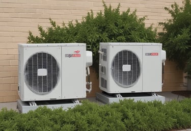 Two outdoor air conditioning units,  branded Samsung and the other LG, are positioned side by side against a light-colored wall. They are surrounded by green plants and have metal pipes extending upward. The scene is partially obscured by green fence bars.