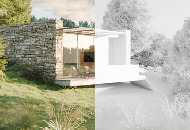 Render of a house with stone walls and large windows