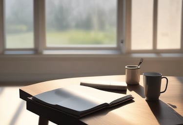 A serene workspace with an open notebook and a cup of tea, symbolizing thoughtful planning.