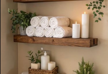 Small Toilet organiser with essentials and green plants as decor