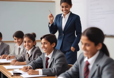 A classroom filled with young students wearing uniforms in shades of green and blue. The walls are adorned with chalkboards and posters, and natural light filters through a window. The students are seated at wooden desks, some are smiling while others look attentive.