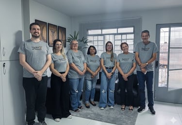 a group of people standing in front of a refrigerator