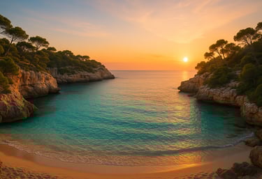 Serena cala de Mallorca con playa de arena, aguas turquesas cristalinas y pinos en los acantilados