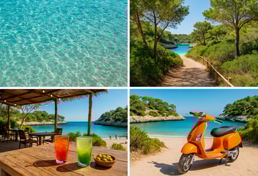 Collage de cuatro imágenes que representan las experiencias juveniles en las calas de Mallorca