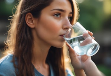 a woman drinking water from a glass of water