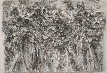a painting of a group of trees in a white wall