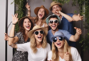 A photo booth in a public space with a bright display on one side showcasing a variety of advertisements and services, including passport and visa photo options. Inside the booth, partially visible legs of a person are seated on a glowing red stool with a curtain drawn partially closed. The booth is positioned against a white wall with fire safety signs nearby.