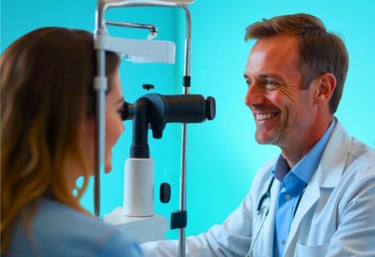Woman patient have eyes tested by smiling male opthomologist