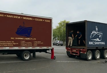 RKC Shipping workers loading a logistics container on a freight transport truck in Chennai.