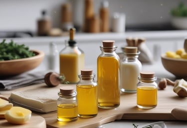 A serene setting with cannabis plants and wellness products displayed on a wooden table.