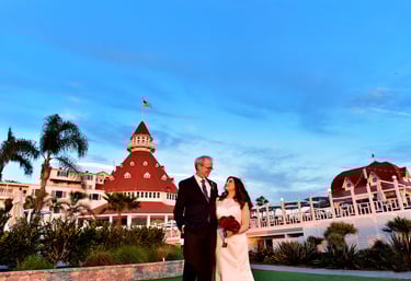 newlywed bride and groom with iconic Hotel Del Coronado in bakground