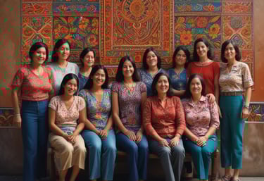 A group of diverse women collaborating on digital projects in a bright, welcoming workspace.