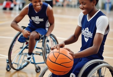 A person is engaged in a wheelchair race, captured in motion. The wheelchair is sleek and aerodynamic, primarily green, with large racing wheels. The racer is wearing a helmet and a sleeveless top, leaning forward with intense concentration. The background is blurred, indicating high speed.