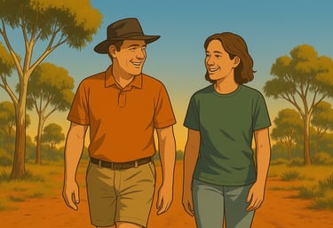 Couple walking under warm Mallee afternoon light, gum trees and red soil around them, smiling and relaxed.