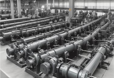 Long metal pipes and beams create a complex industrial structure, casting intricate shadows on the ground. The setting appears to be part of a manufacturing or processing plant with visible cables and conduits.