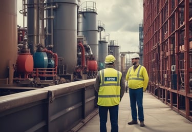 Long metal pipes and beams create a complex industrial structure, casting intricate shadows on the ground. The setting appears to be part of a manufacturing or processing plant with visible cables and conduits.