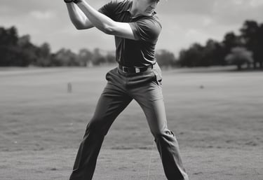 A close-up of a golf instructor demonstrating a swing technique on a lush green golf course.