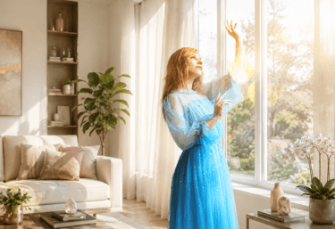 femme dans son salon ressentant le bien être dans son habitat gràce au feng shui