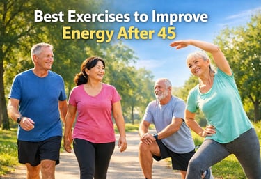 Active adults over 50 walking and stretching outdoors showing gentle exercises that help improve energy after 45