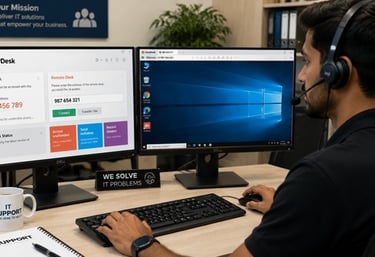 An IT support professional uses AnyDesk remote desktop software on dual monitors to provide technical assistance.