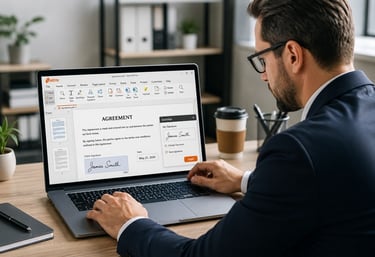 A businessman using Nitro PDF Pro software on a laptop to electronically sign a digital agreement document.