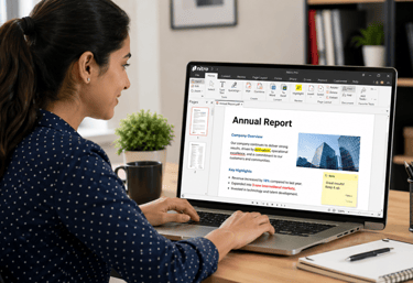 A professional woman uses Nitro PDF Pro software on a laptop to edit a corporate annual report.