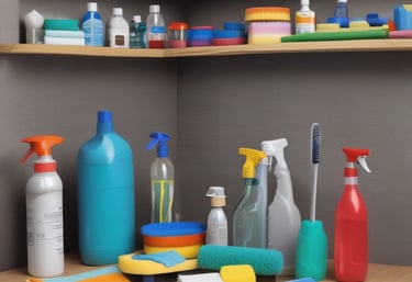 A person wearing a blue uniform and gloves is pushing a cleaning cart adorned with multiple small Union Jack flags. The environment appears to be a busy place, possibly a station or airport, with people in the background walking or standing.